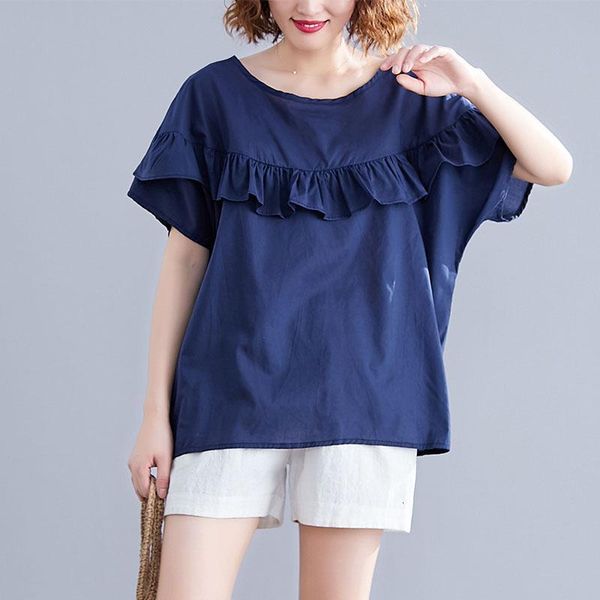 

women's blouses & shirts navy white sweet style ruffles blouse female loose summer cotton and linen short sleeve casual solid baggy sh