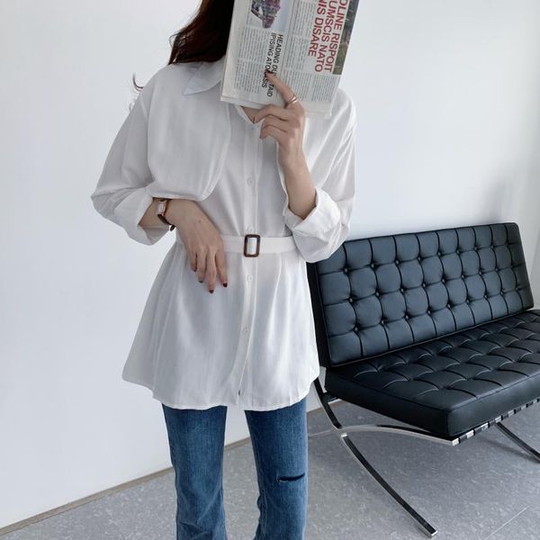 

women's blouses & shirts korean spring and summer street style shirt long sleeve belt all-match loose temperament for women ladies, White