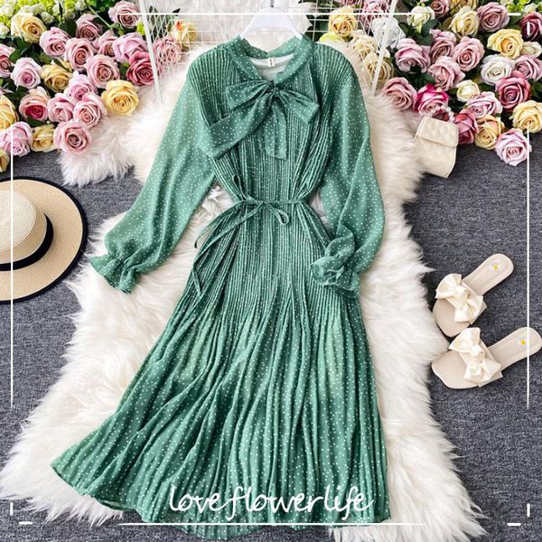 

elegant polka dot print chiffon midi dress women vintage loose party vestidos spring long sleeve sashes a-line dresses 210521, Black;gray