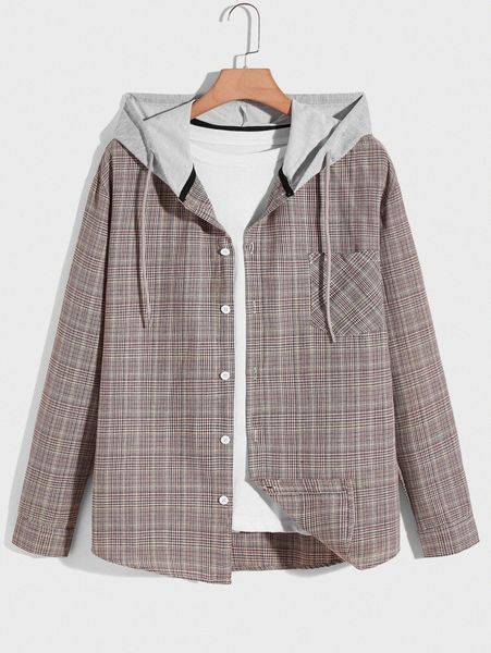 

romwe guys plaid button front hooded pocket shirt h4sb#, White;black