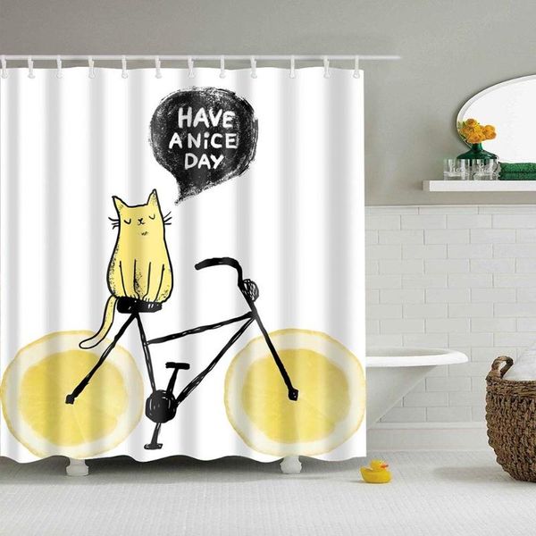 

shower curtains yellow cat standing on bicycle pattern digital print white for bathroom decor,polyester waterproof fabric bath
