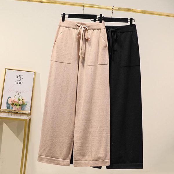 

women's pants & capris autumn winter thick warm knit ankle length plus size black trousers elastic high waist wide leg, Black;white