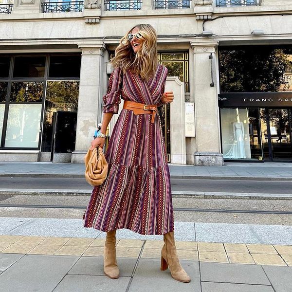 

casual dresses vintage pattern print bohe party dress elegant v-neck long sleeve women spring autumn fashion pleated maxi, Black;gray