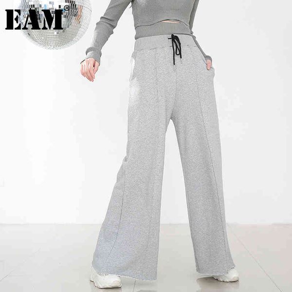 

[eam] high elastic waist brief gray long wide leg trousers loose fit pants women fashion spring autumn 1d11702 210512, Black;white