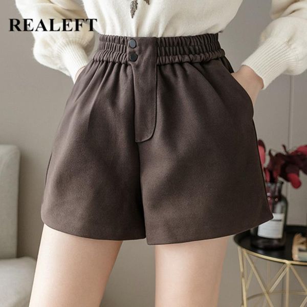 

women's shorts realeft autumn winter woolen 2021 button solid casual high waist office wide leg trousers female pockets, White;black