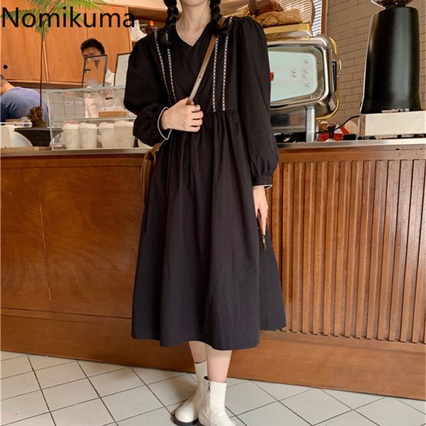 

nomikuma dresses for women korean embroideried puff sleeve v-neck dress causal high waist a-line sweet vestidos new 6f492 210427, Black;gray