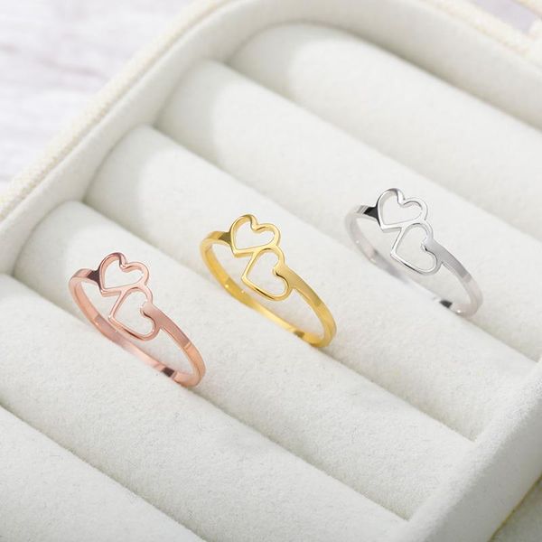 

wedding rings double heart for women men gold stainless steel adjustable finger ring aesthetic jewelry 2021 bague, Slivery;golden