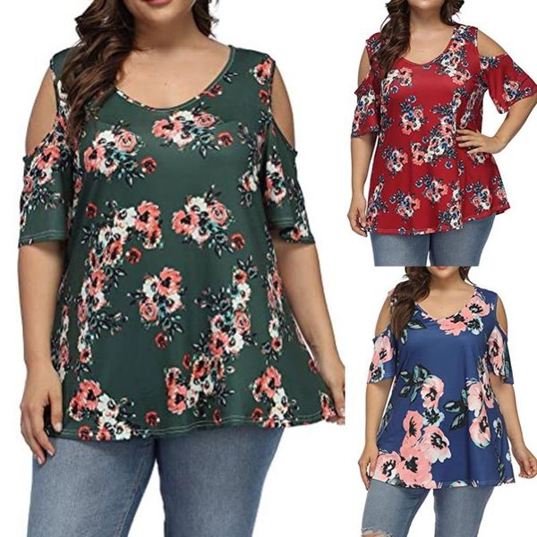

women's t-shirt large size women summer floral print short sleeve leakage shoulder o-neck up plus big yards, White