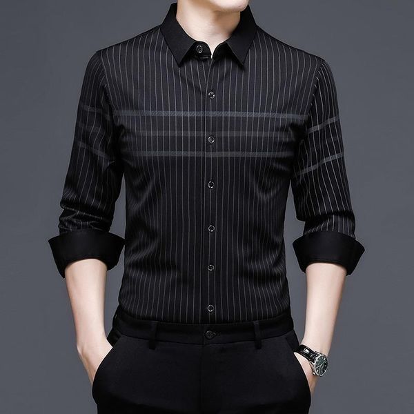 

men's dress shirts spring and autumn 2021 fashion long sleeve shirt korean slim striped casual top, White;black