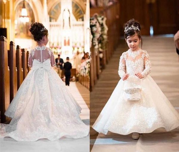 

girl's dresses lovely lace flower girls jewel neck sheer long sleeves applique big bow birthday pageant gowns with button back, Red;yellow