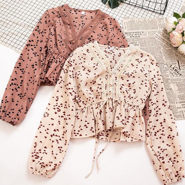 

women's blouses & shirts spring women hollow out print blouse ruffles lace female v-neck tie bow shirt long sleeve short ab1428, White