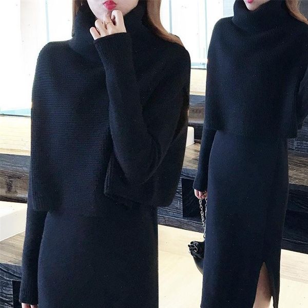 

autumn winter fashion turtleneck bottoming women tracksuits sweater a line dress knit 2 piece set ladies casual suit, Gray