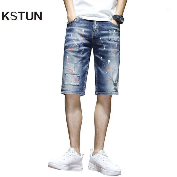 Männer Jeans 2021 Sommer Denim Shorts Männer Stretch Blau Slim Fit Ripped Hip Hop Spray Malerei Patch Herren Hosen Moto Biker