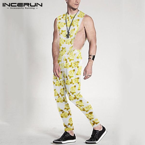 

mens fashion irregular printed jumpsuits sleeveless o neck fitness rompers man casual zipper overalls streetwear s-5xl men's pants, Black