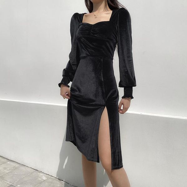 

vintage womem black velvet dress long sleeves square collar party female fashion street wear casual dresses, Black;gray