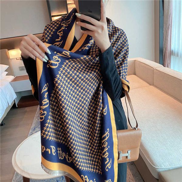

autumn and winter 2021 korean version thousand bird lattice fashion warm scarf women's dual-purpose air conditioning shawl student bib, Blue;gray