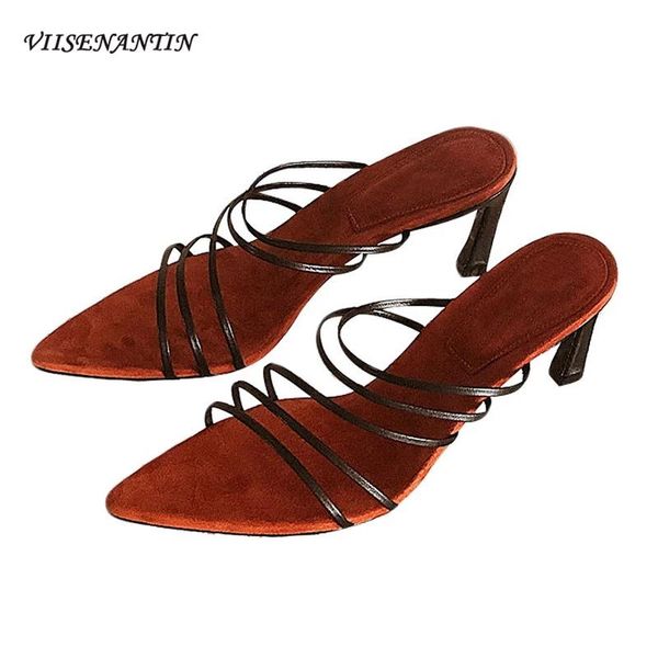 

slippers kitten heel thin strap high sandals french style 2021 summer leather stiletto woven fashion and, Black