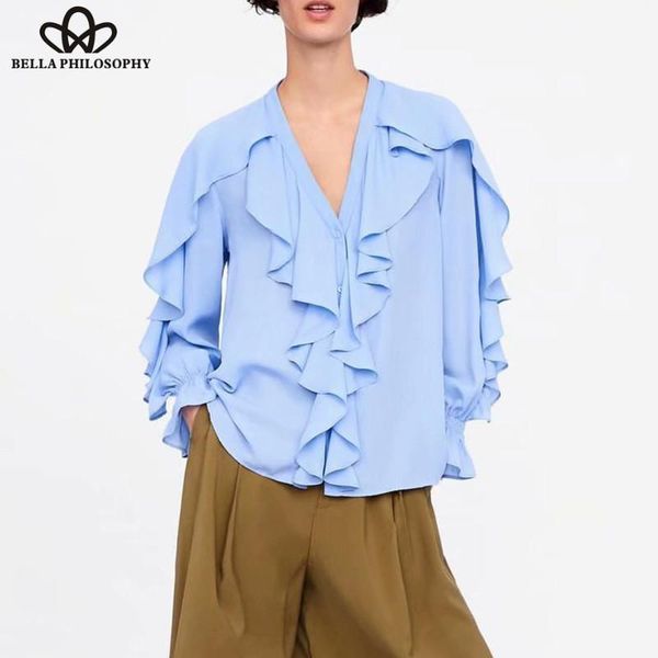 

herstory spring long flare sleeve ruffles blouse shirts vintage v-neck female loose street wear lady 2021 women's blouses &, White
