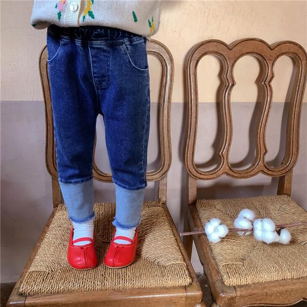 

jeans autumn winter girls elastic patchwork denim pants fashion children casual all-match 2-7y, Blue
