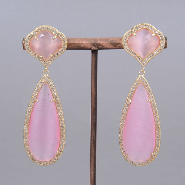 

guaiguai jewelry natural gold color plated cz flower pink cat's eye leverback earrings cute for women lady girl gift jewelry, Silver