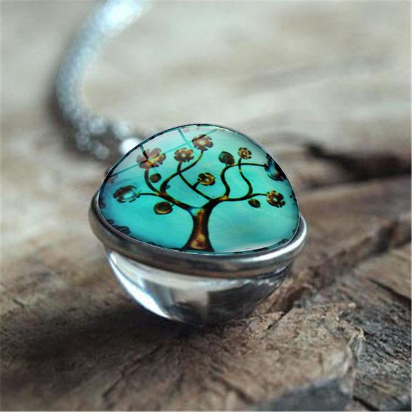 

fashion double sided glass ball pendant tree of life necklace art painting bamboo link for women jewelry, Silver