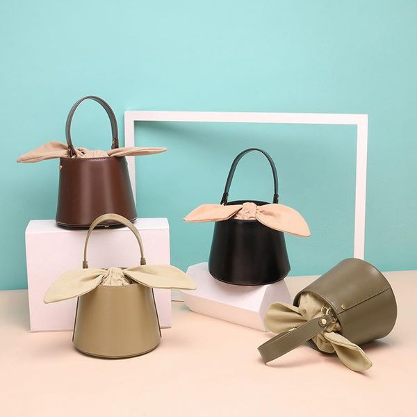 

niche design ear leather women's bag bucket 2021 net red bow single shoulder messenger cross body
