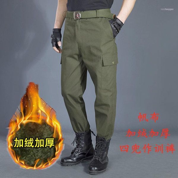 

men's pants winter plush and thickened training wear resistant multi pocket green work leisure labor protection1, Black
