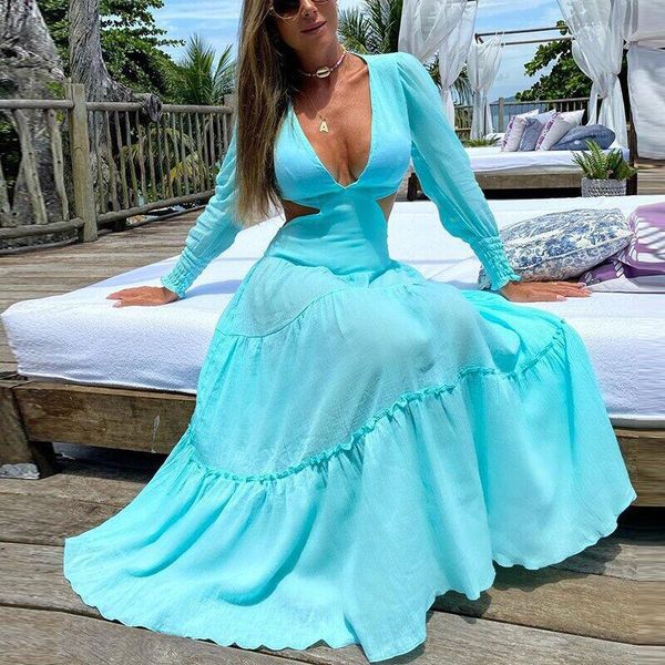 

ethnic clothing wepbel women elegant hollow out irregular long dress ladies sleeve v neck high waist corset ruched maxi, Red