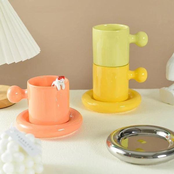 

cups & saucers nordic ceramic coffee mug cup cute girl water ball handle office drinking with cat hanging spoon and saucer 300ml