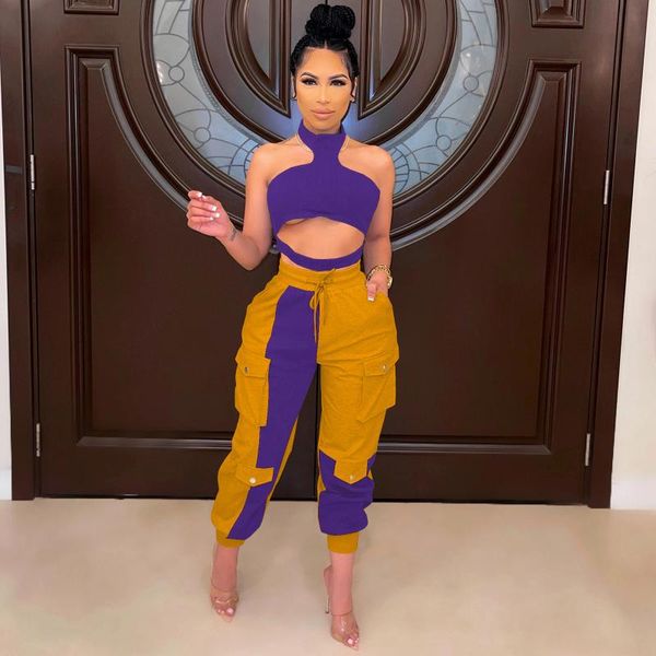 

women's two piece pants zaggin 2021 women fashion street style sets sleeveless hanging neck dew waist elastic long, White