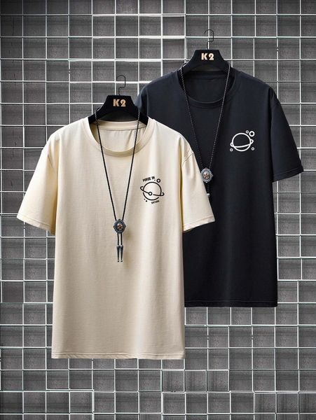 

men 2pcs slogan and planet print tee g7gc#, White;black