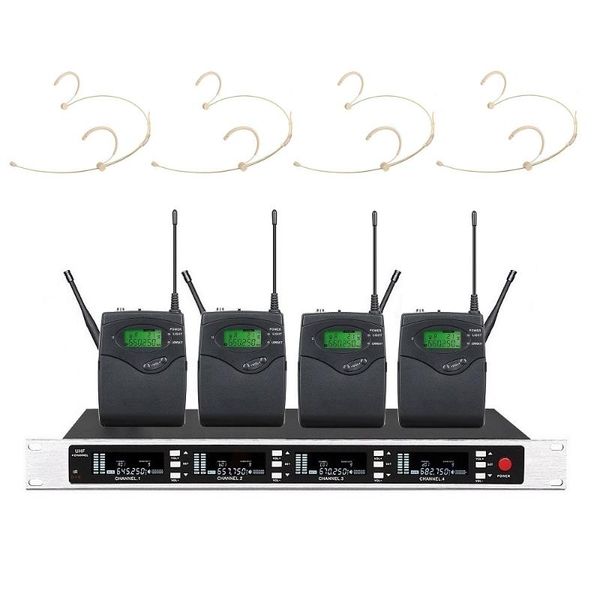 

professional true diversity four channels uhf wireless headset microphone system for church theater singing 4 metal handheld mic microphones