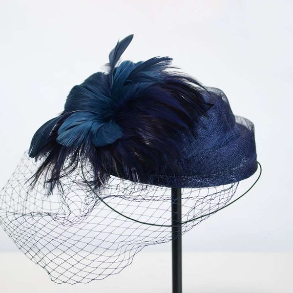 

hat lady summer elegant fashion dance party british linen beret feather net stewardess hat, Blue;gray