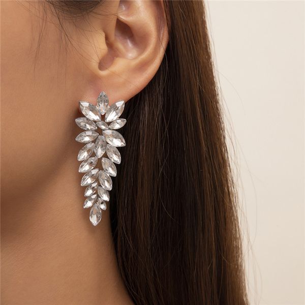 

european long rice grain rhinestone stud earrings alloy water drop leaf dangle ear nail women party gift dress decoration silver earring jew, Golden;silver