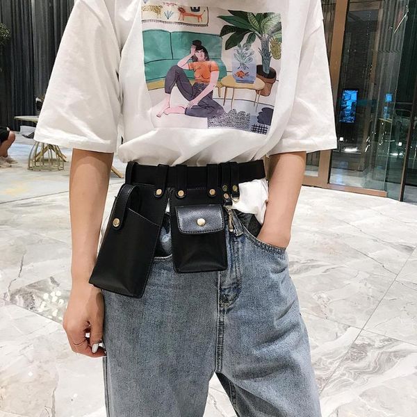 

women waist fanny belt packs dual shoulder keychain pu leather crossbody chest bags punk style messenger personality handbags