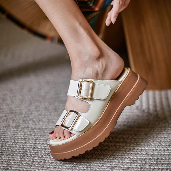 

plus size 34-42 genuine leather slippers women shoes buckle platform metal summer chunky handmade ladies casual, Black
