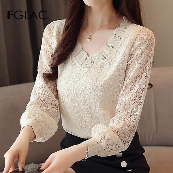 

blusas mujer de moda 2021 autumn long sleeve lace shirt elegant slim v-neck blouse women and women's blouses & shirts, White