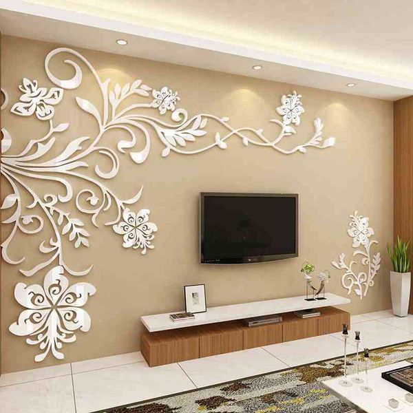 Estilo europeu 3D flor de árvore adesivo de parede sala de estar decalques decorativos decoração de casa cartaz de decoração sólido acrílico wallpaper adesivos 210705