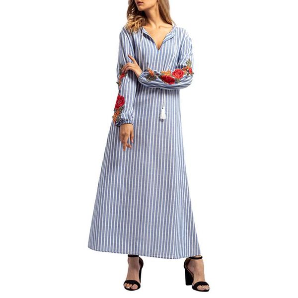 

casual dresses nice dress stripe printing embroidery islamic muslim causal straight long sleeve middle east cotton robe, Black;gray