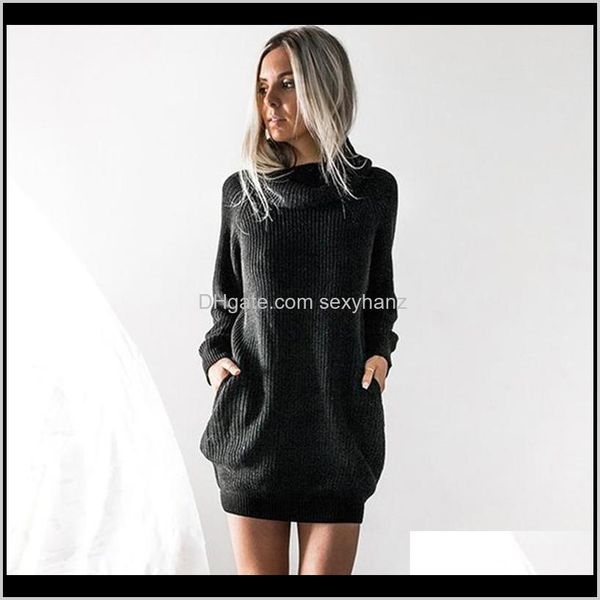 Vestuário entrega entrega 2021 outono inverno camisola sólida vestidos casuais mulheres luva longa gola de turtleneck vestido de malha roll roll jumper l