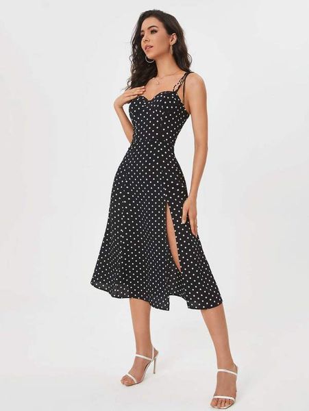 

tall polka dot print knot shoulder split thigh dress she, Black;gray