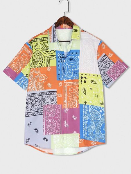 

romwe guys paisley print patchwork shirt q63q#, White;black