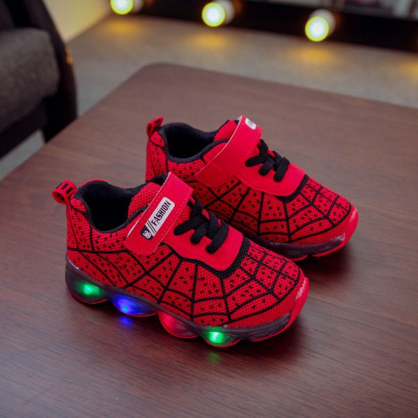 

casual luminous mesh spider-boy girl up shoes glowing with light kids shoe children led sneakers 1029, Black;red