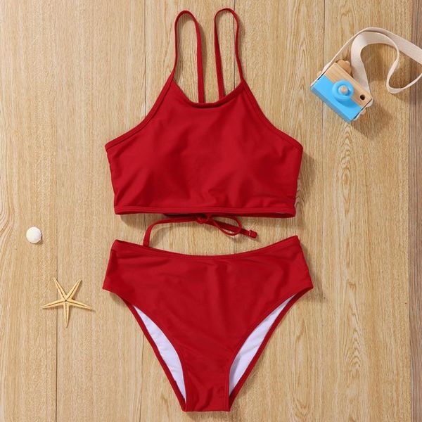 

wine red high waist tempt women vintage swimsuit two piece retro halter ruched bikini bow summer beach bathing one-piece suits