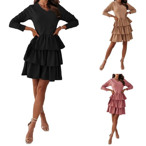 

casual dresses women ruffled layered dress adults solid color v-neck long sleeve three-tier cake for spring autumn, Black;gray