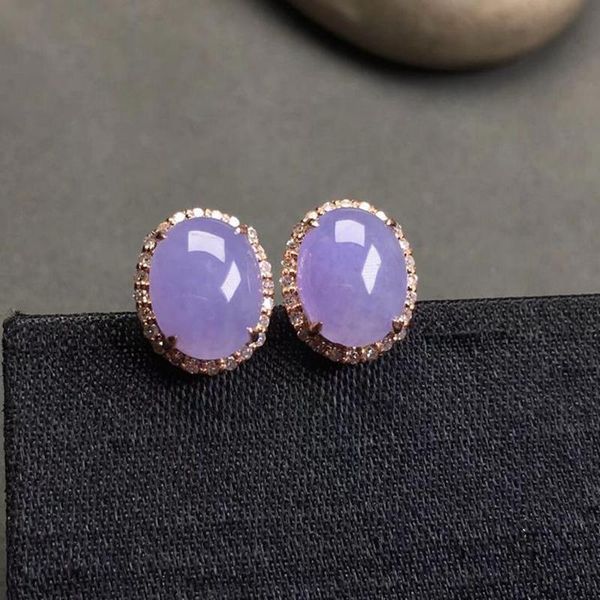 

stud natural chalcedony violet ladies earrings silver diamond oval elegant delicate romantic wedding engagement jewelry, Golden;silver