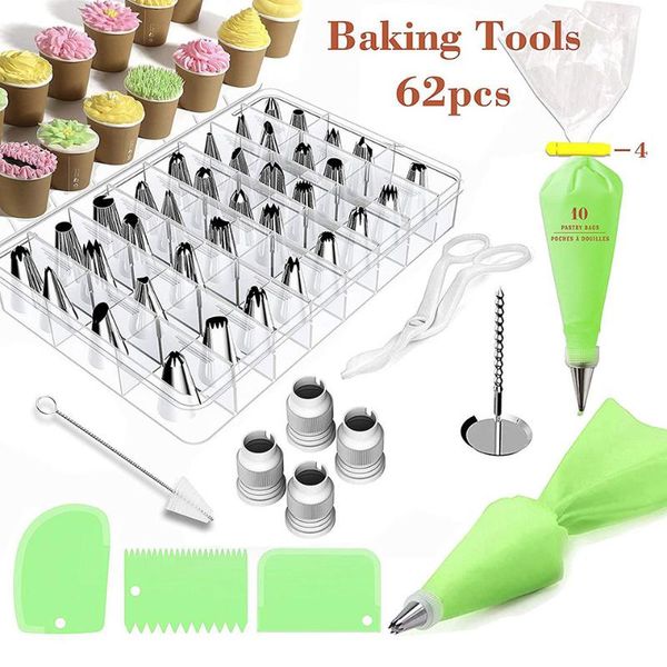 

62pcs stainless steel icing piping nozzle tips baking tools green cake cream scraper brush bag decorating & pastry