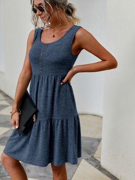 

button detail ruffle hem dress j1zh#, Black;gray