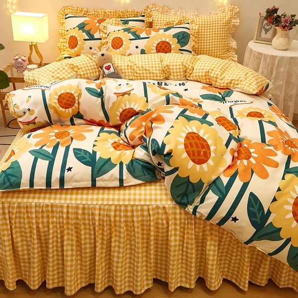 

bedding sets 2021 4pcs duvet cover set yellow sunflower korean princess style small fresh bed skirt thick king size