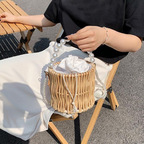 

evening bags fashion women rattan woven basket drawstring shoulder crossbody messenger bag casual ladies pearl chain bucket mini handle